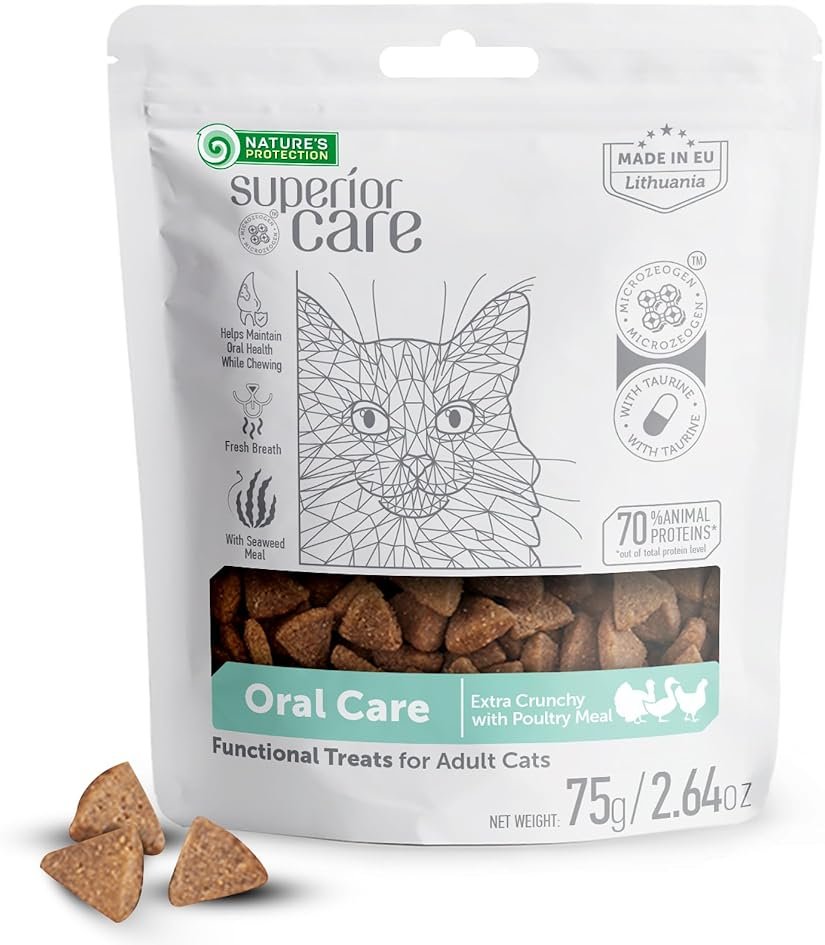 Nature's Protection Cat Dental Treats - Crunchy Oral Care Chews for Cat Teeth Cleaning for Adult Cats - No Bad Breath, Less Hairball (Superior Care - Poultry, 2.64 oz) - Product Image