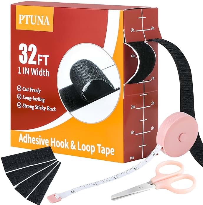 32Ft *1 Inch Hook and Loop Tape with Adhesive Back, Heavy Duty Double Sided Adhesive Strips, Strong Sticky Strips Roll for Home/Office/School/Car, Black - Product Image
