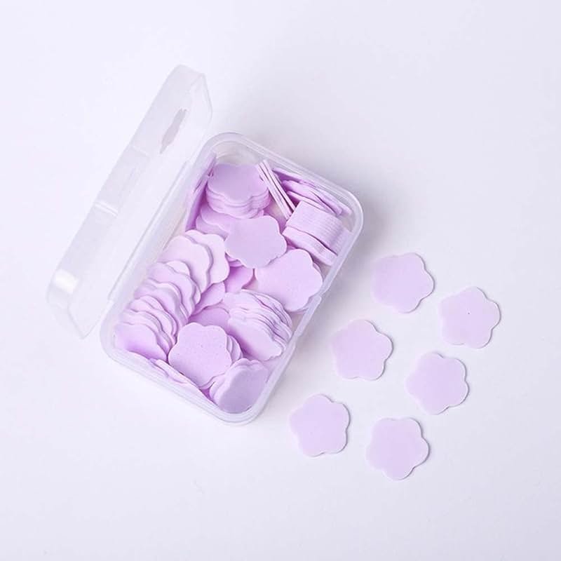 SquarezhenBo 100 Sheets Disposable Paper Soap with Box,Hand Wash Cute Petal Soap Sheets Hand Bath Toiletry Paper Soap Flakes for Portable Travel Hiking Washing,Foot and Care (100, Purple) - Product Image