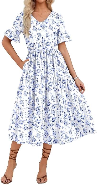 ZEAGOO Women's Summer Dresses Midi Tiered Casual Dress Floral V Neck Ruffle Short Sleeve Flowy Beach Dress with Pockets - Product Image