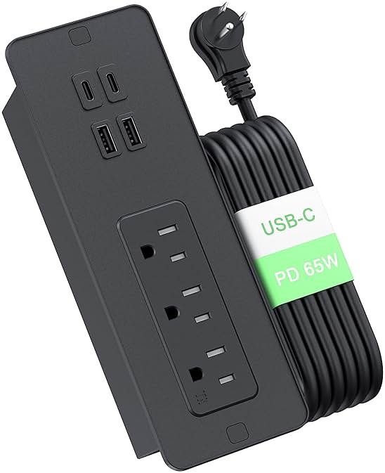 Drawer Outlet with PD 65W USB C, Recessed Power Strip with 3 Outlets 4 USB Ports, Recessed Outlet with 2M Flat Plug Cable for Side Table Sofa Table, Black - Product Image