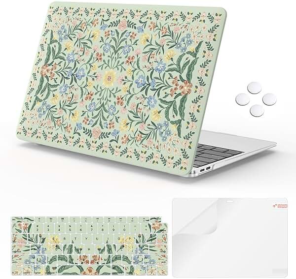 iLeadon Compatible with MacBook Air 13.3 inch Case 2022, 2021-2018 Release A2337 M1 A2179 A1932, Plastic Hard Shell&Keyboard Cover&Screen Film for MacBook Air 13 inch Case, Green Floral - Product Image