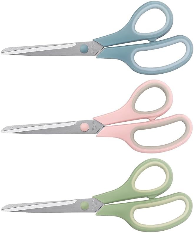 LONGKEY 8.5 Inch Scissors, All-Purpose, Soft Comfort-Grip, Ambidextrous, Pastel Green, Pink, Blue, 3 Count - Product Image