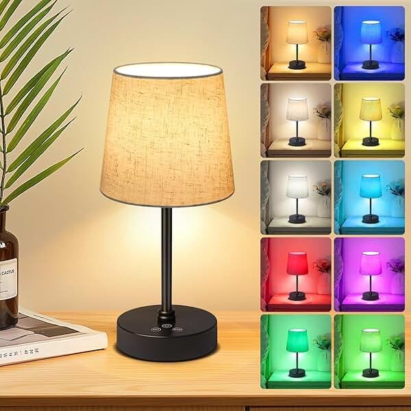Wowag Small Cordless Table Lamp,5000mAh Rechargeable Battery Operated Desk Lamp,3 Colors & 7 RGB Stepless Dimmable, Portable Touch Fabric Shade LED Night Light for Bedroom Restaurant Home(Flaxen) - Product Image