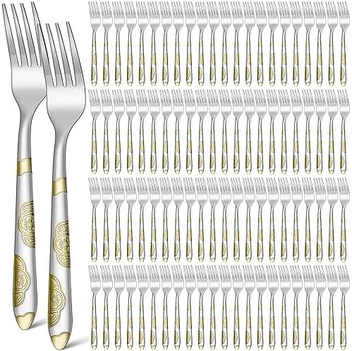 Syhood 100 Pieces Stainless Steel Dinner Forks Set Bulk, 7.1 Inch Metal Forks Gold Texture Flatware for Home Restaurant Catering Events Silverware Kitchen - Product Image