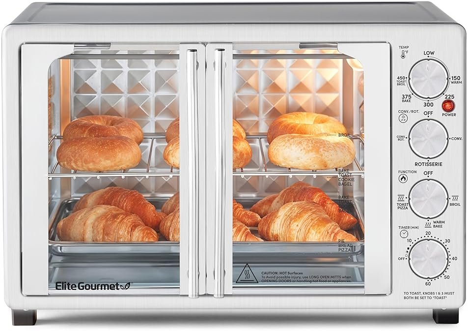 Elite Gourmet ETO4524 45L Countertop Convection Toaster Oven, French Doors, Adjustable Temperature & Timer, Bake, Roast, Broil, Toast, Includes Baking Pan, Rack, Rotisserie, Stainless Steel - Product Image