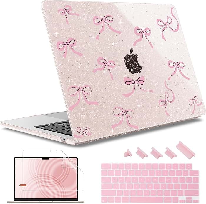 May Chen Case for MacBook Air 13/13.6 inch M5 A3449 M4 A3240 M3 A3113 M2 A2681, 2026 2025 2024-2022, Plastic Hard Shell with Keyboard Cover & Screec Protector, Sakura Pink Glitter Bow - Product Image