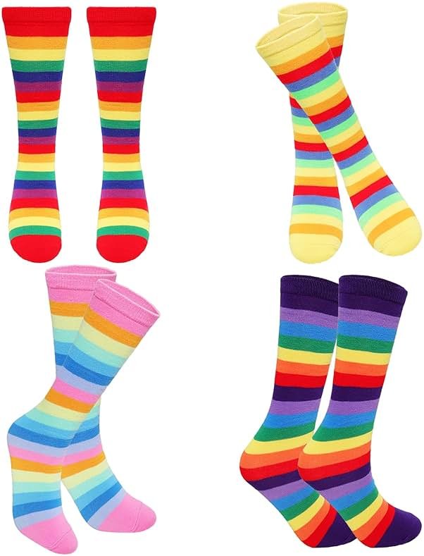 Sdfvsdg 4 Pairs Rainbow Striped Knee Calf Socks Colorful Striped Long Tube Stockings Knee Calf High Socks for Women Girls - Product Image
