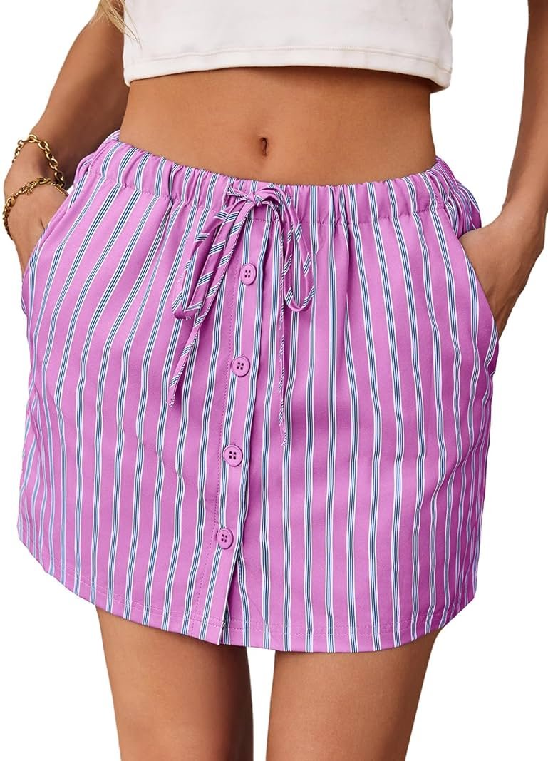 Fisoew Womens Summer Striped Mini Skirts Casual Drawstring Elastic Waist Button Cute Y2K Skorts Shorts - Product Image