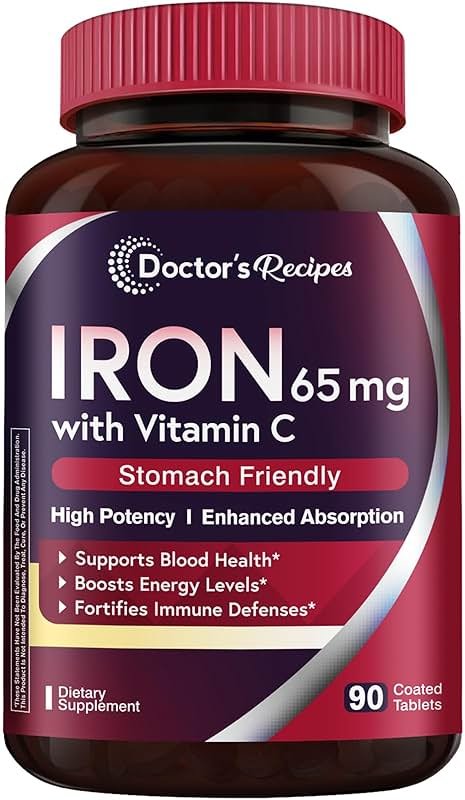 Doctor's Recipes Iron Supplement 65 mg with Vitamin C - Maximized Absorption & Stomach Friendly Iron Pills for Red Blood Cells Formation, Heart, Brain & Immunity Health - Vegan Non-GMO 90 Iron Tablets - Product Image