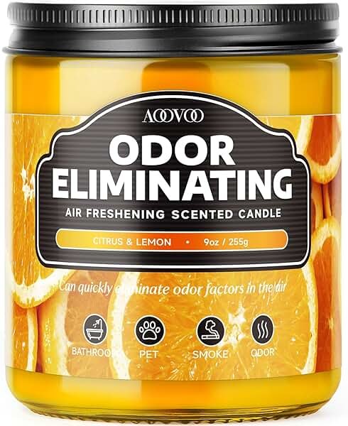 AOOVOO Citrus Lemon Odor Eliminating Highly Fragranced Candle - Eliminates 95% of Pet, Smoke, Food, and Other Smells Quickly, Non Toxic Air Freshing Soy Candle, 9 oz Up to 50 Hours Burn time - Product Image