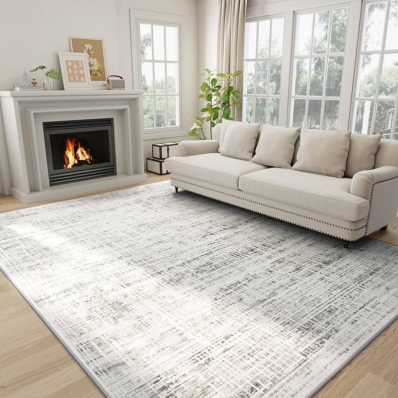 8x10 Area Rugs Washable Rug: Anti-Skid Abstract Modern Living Room Rug Soft Thin Carpets Indoor Floor Non-Shedding Carpet for Bedroom Dining Farmhouse Nursery Home Office (White Gray, 8'x10') - Product Image