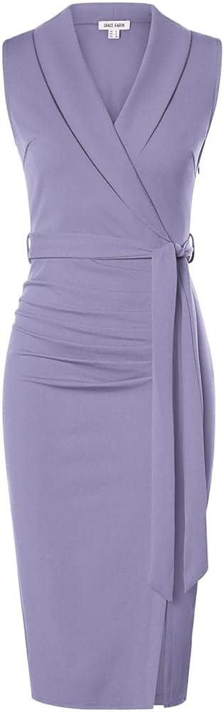 GRACE KARIN Women's Wear to Work Sleeveless Ruched Bodycon Office Pencil Midi Dresses with Belt - Product Image