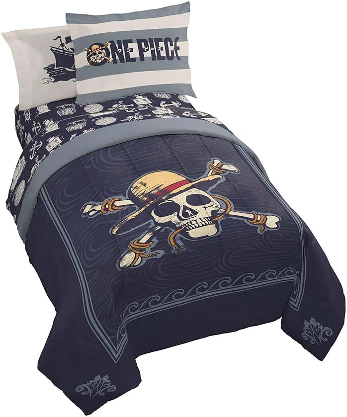 Jay Franco One Piece Twin Size Comforter Set - 5 Piece Blue Bedding Includes Sheet Set & Pillow Covers - Super Soft Anime Bedding with Skull and Bones - Product Image