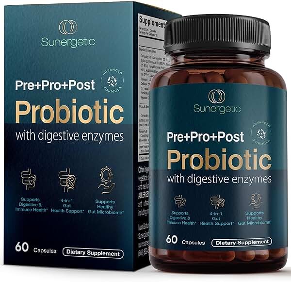 Premium 4-in-1 Probiotic Prebiotic, Postbiotic & Digestive Enzymes for Men & Women – Supports Gut, Digestion & Immunity –Complete Gut Health with Pre, Post, Probiotics & Digestive Enzymes–60 Capsules - Product Image