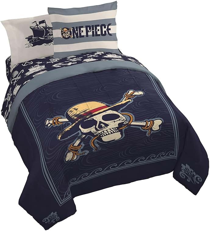 Jay Franco One Piece Queen Size Comforter Set - 7 Piece Blue Bedding Includes Sheet Set & Pillow Covers - Super Soft Anime Bedding with Skull and Bones - Product Image