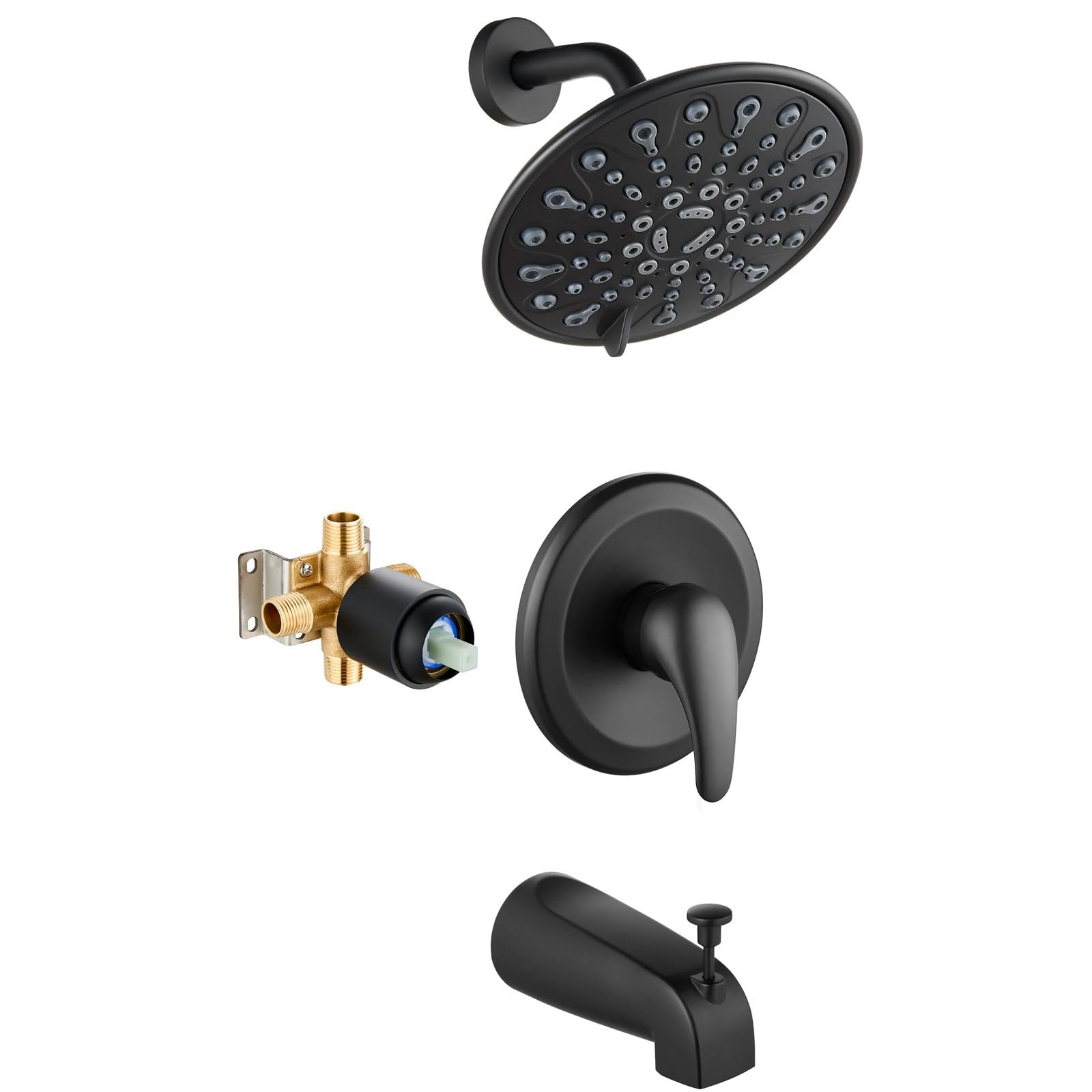 gotonovo Tub Shower Faucet Set Shower Head and Handle Set 6 Modes 6 inch Bathroom Trim Kit with Tub Spout High Pressure Shower System Combo with Valve Round Showerhead Matte Black - Product Image