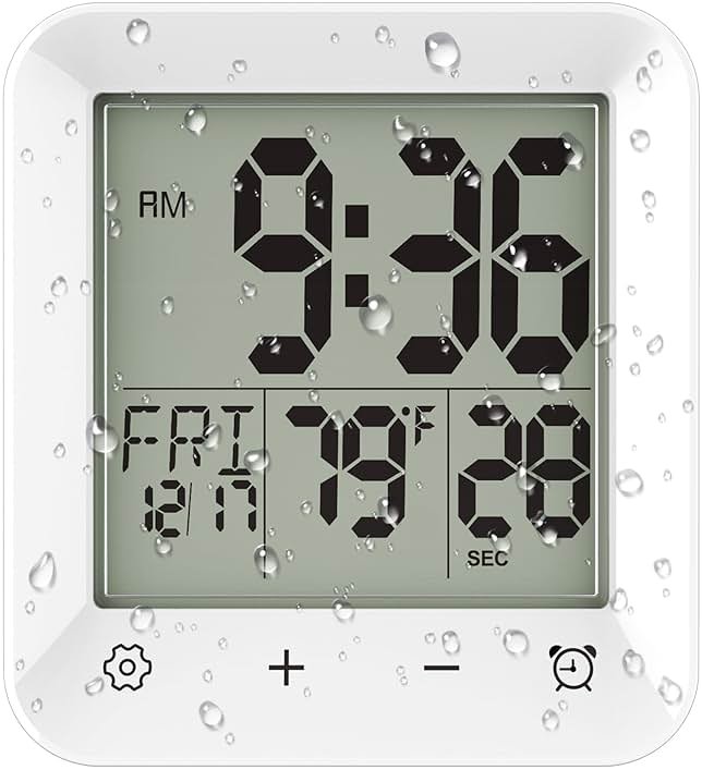 Wisoee Digital Shower Clock Waterproof, Bathroom Wall Clock Timer with Touch Screen, Temperature, LCD Display, Suction Cup Hanging Hole Stand for Kids and Adults - Product Image