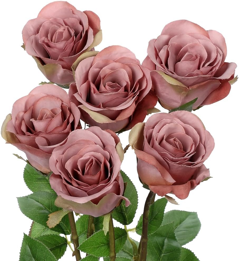 Briful Dusty Roses Pink Artificial Flowers– 6PCS 18.9" Faux Rose Silk Flowers with Long Stems Realistic Fake Rose Bouquet for DIY Wedding Arrangements Table Vase Centerpieces Home Event Decor - Product Image