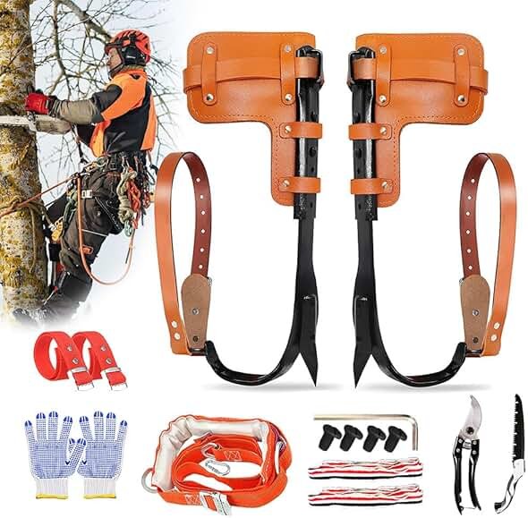 MYCGJH Upgrade Cow Leather Tree Climbing Spikes Set with Harness Belt, Scissors & Saw, Adjustable Tree Climbing Gear Pole Climbing Spurs Tool Tree Climbing Spikes for Outdoor Activities - Product Image