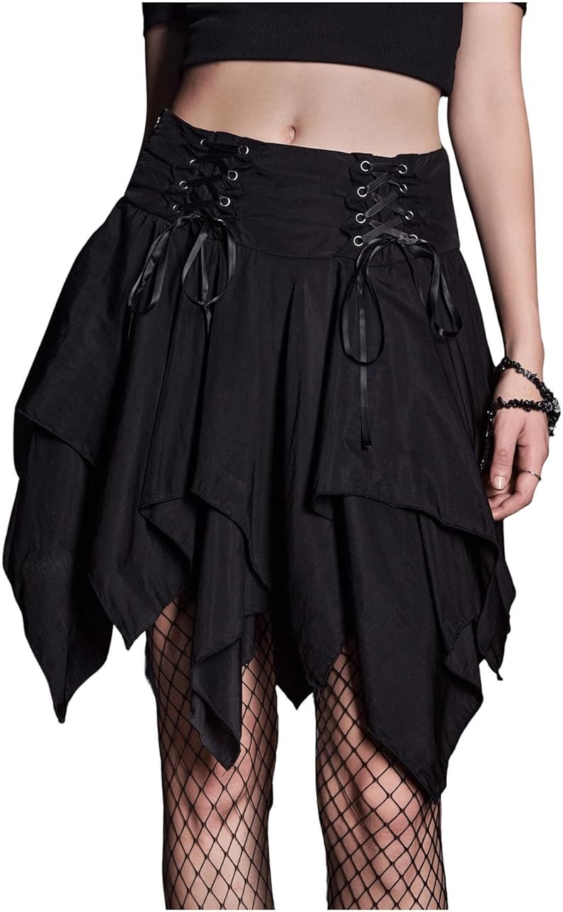 SHENHE Women's Goth Mini Skirt High Waist Asymmetrical Flowy Swing Grunge Punk Fairy Skirt - Product Image