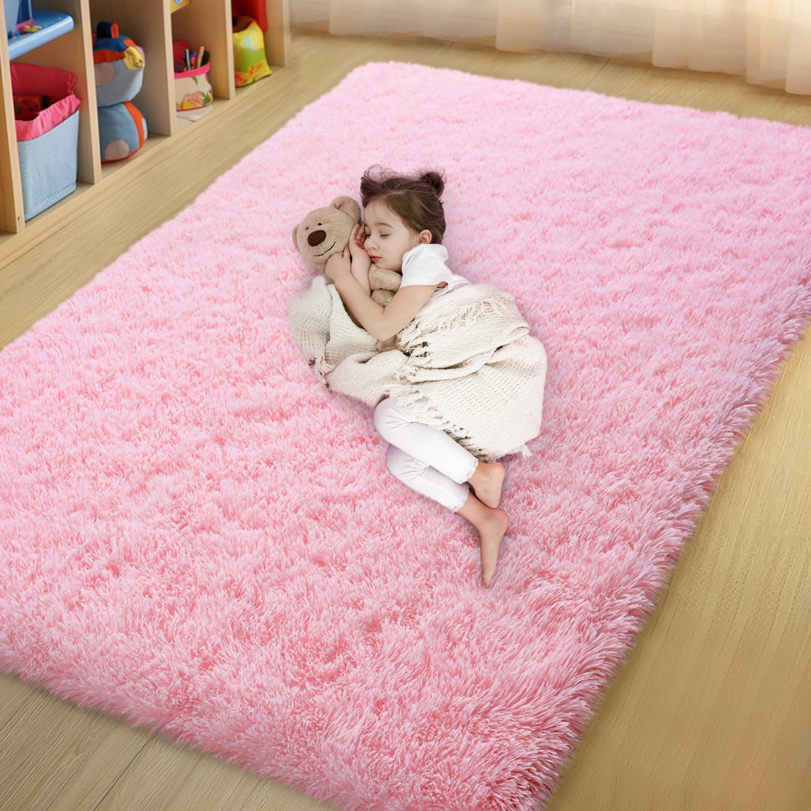 qulint Pink Area Rugs for Bedroom, 4x6 Fluffy Soft Kids Rugs for Girls Shag Carpet for Living Room, Small Fuzzy Plush Shaggy Alfombras for Nursery Dorm Room Home Decor (4ft x 6ft, Pink) - Product Image
