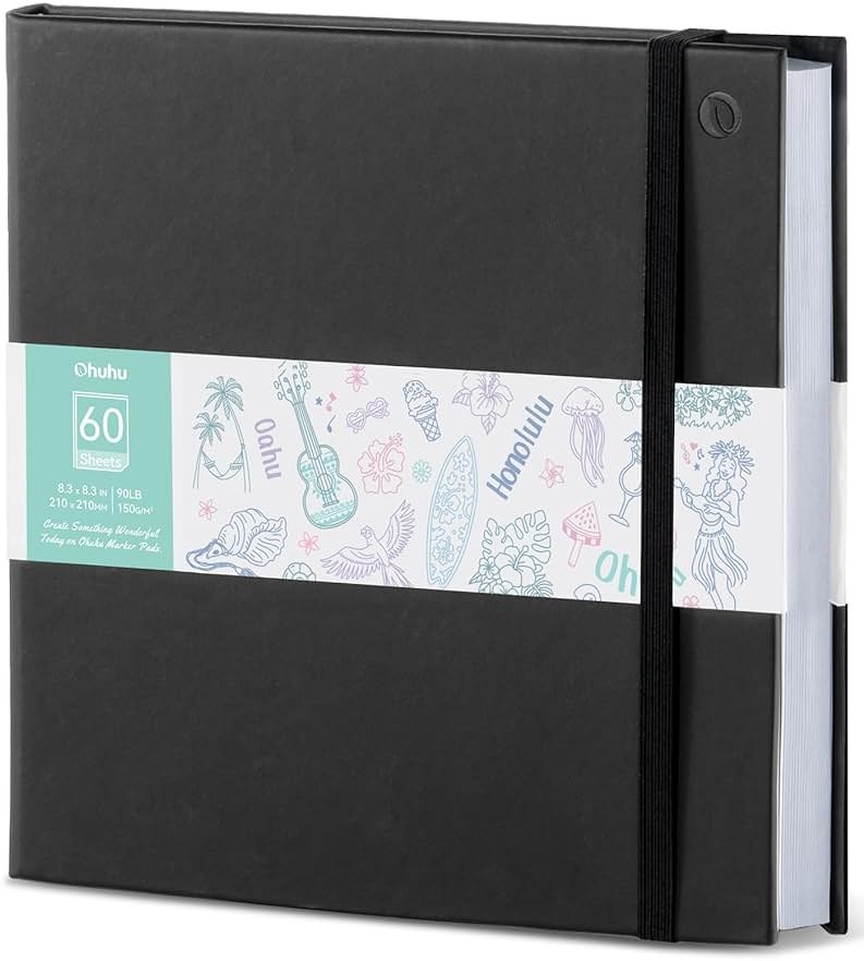 Ohuhu Double-Sided Marker Pad Art Sketchbook Bleedproof - 8.3"x8.3" Square Paper Size - 90 lb/150 gsm Smooth Drawing Paper - 60 Sheets/120 Pages - Hardcover Sketching Book for Alcohol Markers Paints - Product Image