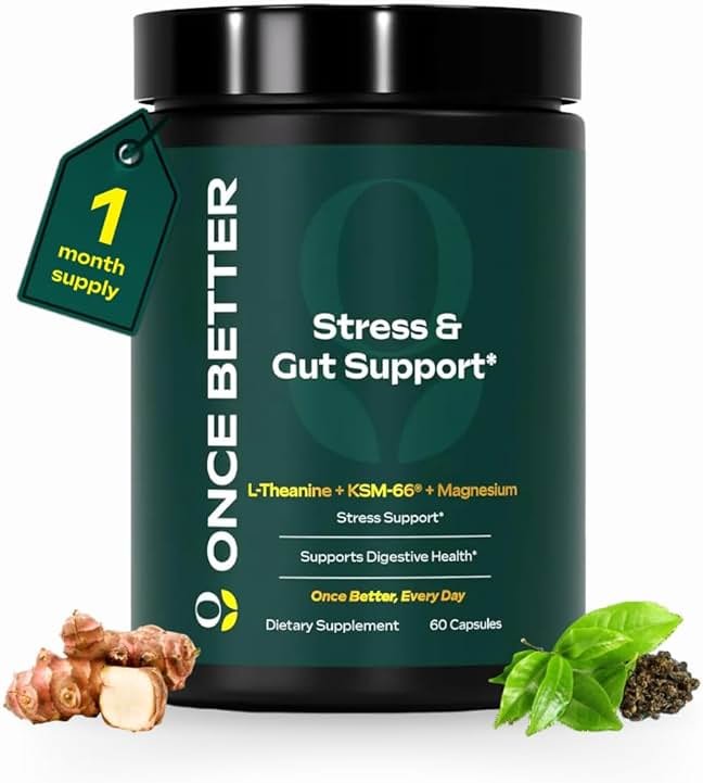 Once Better™️ Stress & Gut Support Supplement – Ashwagandha KSM-66®, L-Theanine, Magnesium Glycinate, Probiotics & Inulin for Digestive Health & Stress Relief – 60 Capsules - Men & Women - Product Image