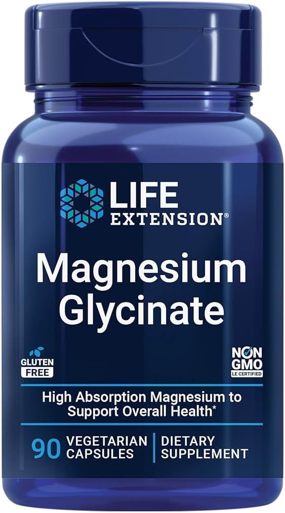 Life Extension Magnesium Glycinate, Heart Health, Bone Health, Nerve and Muscle Support, Highly absorbable, Gluten-Free, Non-GMO, Vegetarian, 90 Capsules - Product Image