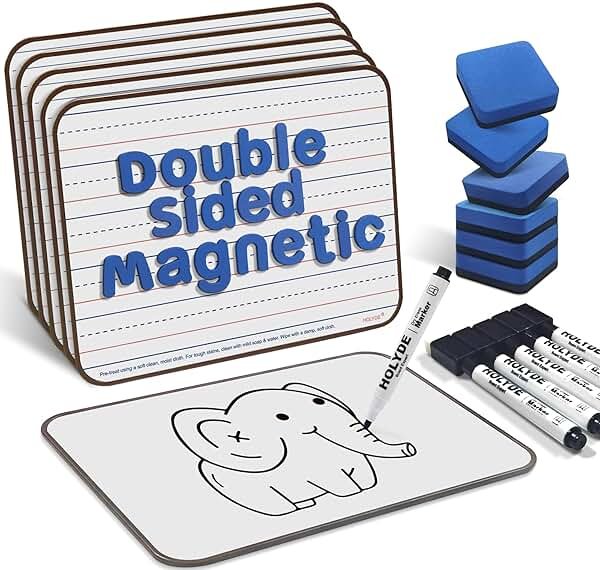 Dry Erase Boards 6 Pack, Double Sided Magnetic Small Whiteboards with Lines for Kids, Students, Teacher & Classroom Pack, Including 52 Pcs Alphabet Letters for Preschool Spelling - Product Image