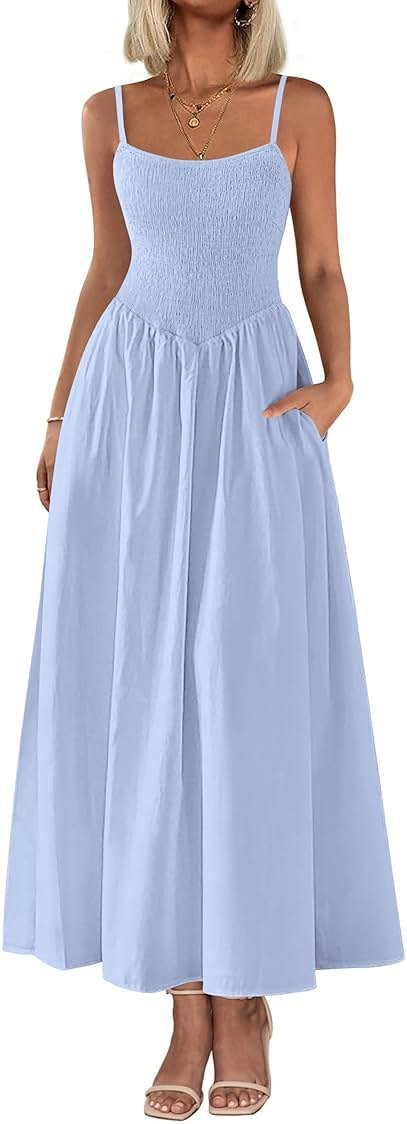PRETTYGARDEN Women's Smocked Maxi Dresses 2026 Summer Sundress Casual Spaghetti Strap Swing A Line Long Flowy Beach Dress - Product Image