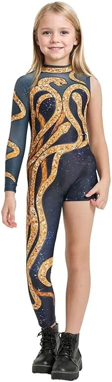 Kids Gold Snake Print Bodysuit Outfit for Girls Boys Celebrity Party Concert Cosplay Jumpsuit Costume - Product Image