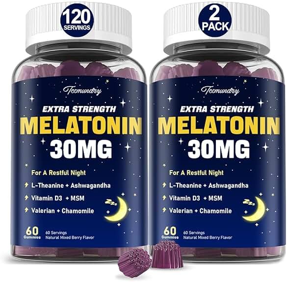 Melatonin Gummies 30mg for Adults: Maximum Strength Melatonin Supplement with L-Theanine, Ashwagandha, MSM, Vitamin D3 & Zinc - Non-Habit Forming, Natural Mixed Berry Flavor 60 Count (Pack of 2) - Product Image