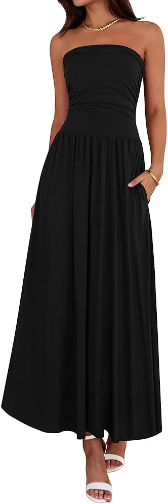 BTFBM Summer Maxi Dresses for Women 2026 Strapless Ruched Tube Top Beach Vacation Spring Wedding Guest Dress Pockets - Product Image