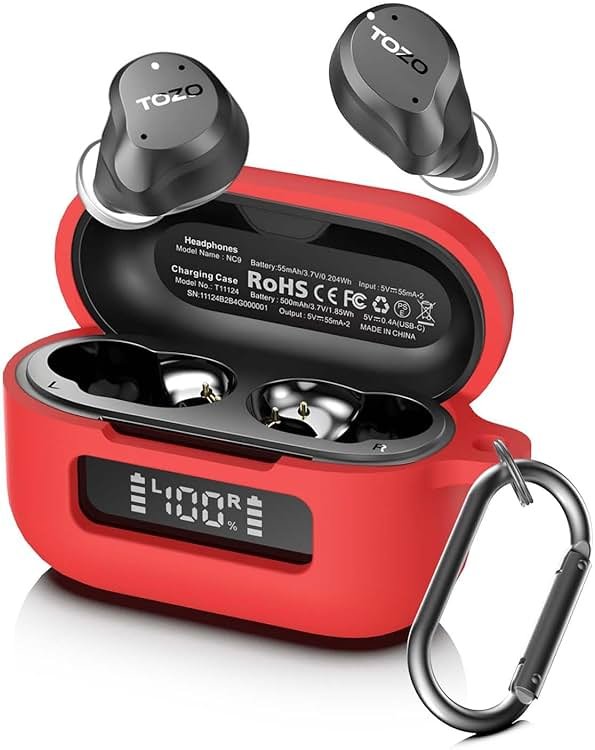 AGENTNANO for TOZ0 NC9(2024) Case Cover, Silicone Protective Battery Display Visible Design Cover ONLY for TOZO NC9 Hybrid Active Noise Cancelling Wireless Earbuds 2024 Version with Carabiner-Red - Product Image