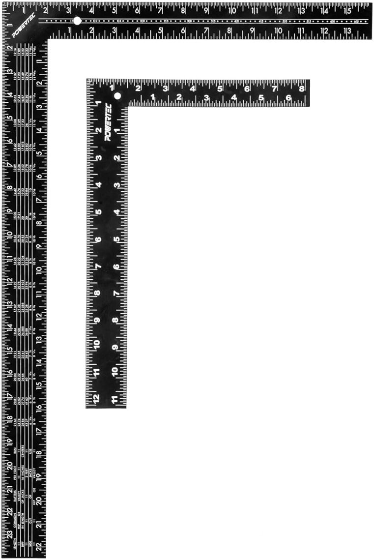 POWERTEC Carpenter Square Set, 16"x24" Framing Square w/Rafter Tables (1PK) & 8"x12" Square Ruler with Imperial & Metric Graduations (1PK) for Woodworking, Construction, Arts & Crafts (80037) - Product Image