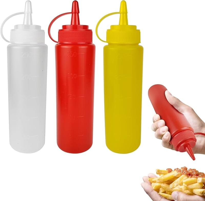 ICSTM 3 Pcs Plastic Squeeze Sauce Bottles with Nozzle Caps,250Ml/8.5Oz Reusable Squeeze Condiment Bottles Dispensers Suitable for Mustard Olive Oil Jam Ketchup Salad Dressing (250ML/8OZ) - Product Image