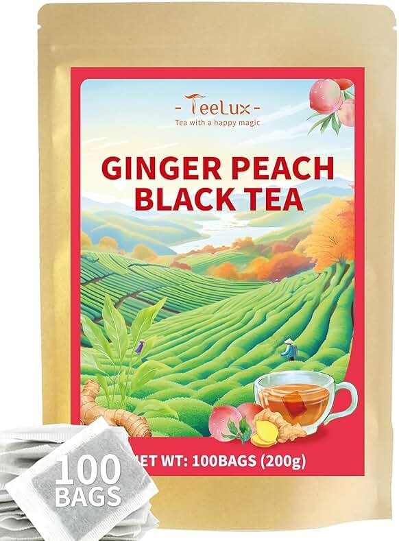 TeeLux Peach Ginger Black Tea, Mellow Black Tea with Spicy Ginger & Peach Flavor, Caffeinated, 100 Count - Product Image