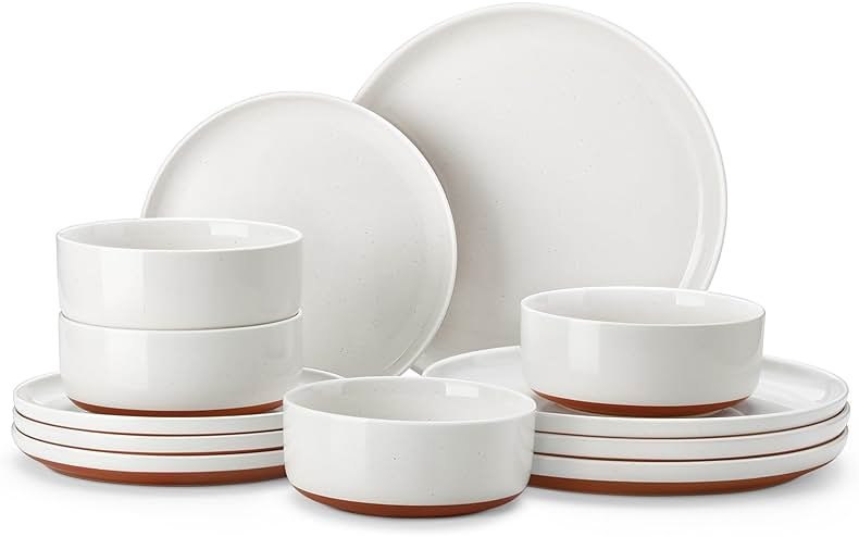 MALACASA Plates and Bowls Sets, 12 Pieces Modern Stoneware Dinnerware Set for 4 Kitchen Dinner Set Ceramic Dishware Dishes Set Microwave and Dishwasher Safe, White, Series TARA - Product Image