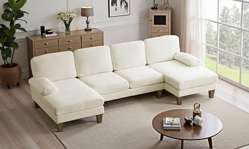 VINGLI 110" Sectional Couches for Living Room,U Shaped Couch with Double Chaise, 4-Seat Sofa Set with Chenille Fabric for Home Furniture,Beige - Product Image