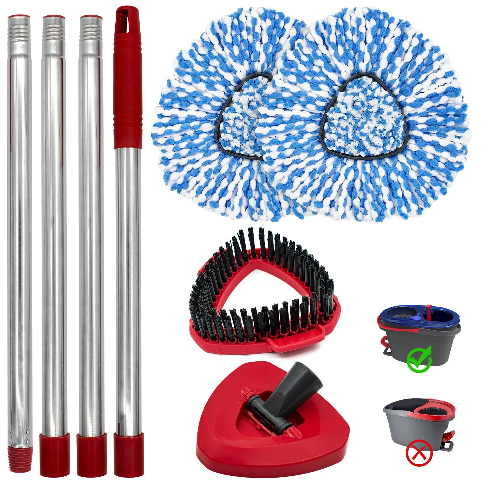 Spin Mop Handle,Mop Heads Replacements,Scrubber Mop Head and Mop Base Combo Set Compatible with Ocedar RinseClean 2-Tank Spin Mop,Mop Replace Head and Scrub Brush Set for Multi-Surface Hard Floor - Product Image