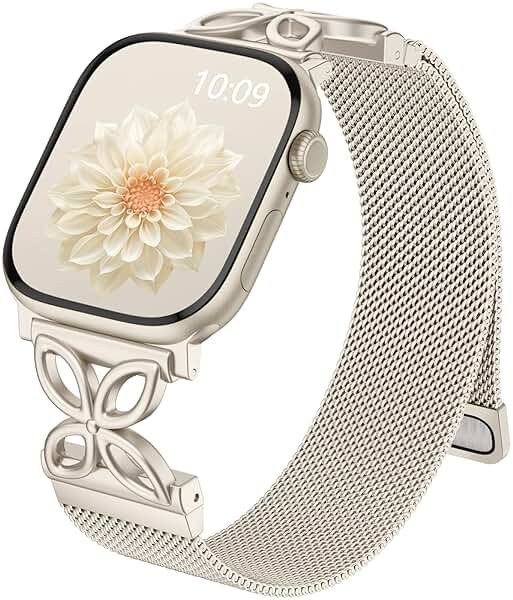 Getino Mesh Loop Compatible with Apple Watch Bands for Women 40mm 41mm 42mm 44mm 45mm 46mm 49mm 38mm Series 11 10 9 8 7 6 5 4 3 2 SE Ultra, Metal Stainless Steel Magnetic Strap iWatch Bands, Starlight - Product Image