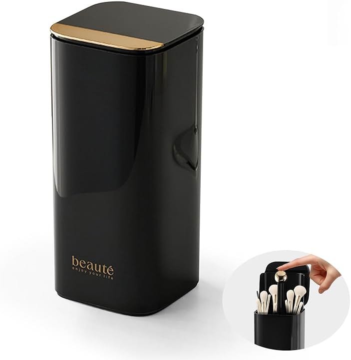 DASITON Makeup Brush Holder with Lid,4 Slots Makeup Brush Organizer,Automatic Lifting Makeup Cosmetics Organizer,for Vanity Decor,Bathroom Countertop,Dustproof Cosmetic Brushes Container(Gold-Black) - Product Image