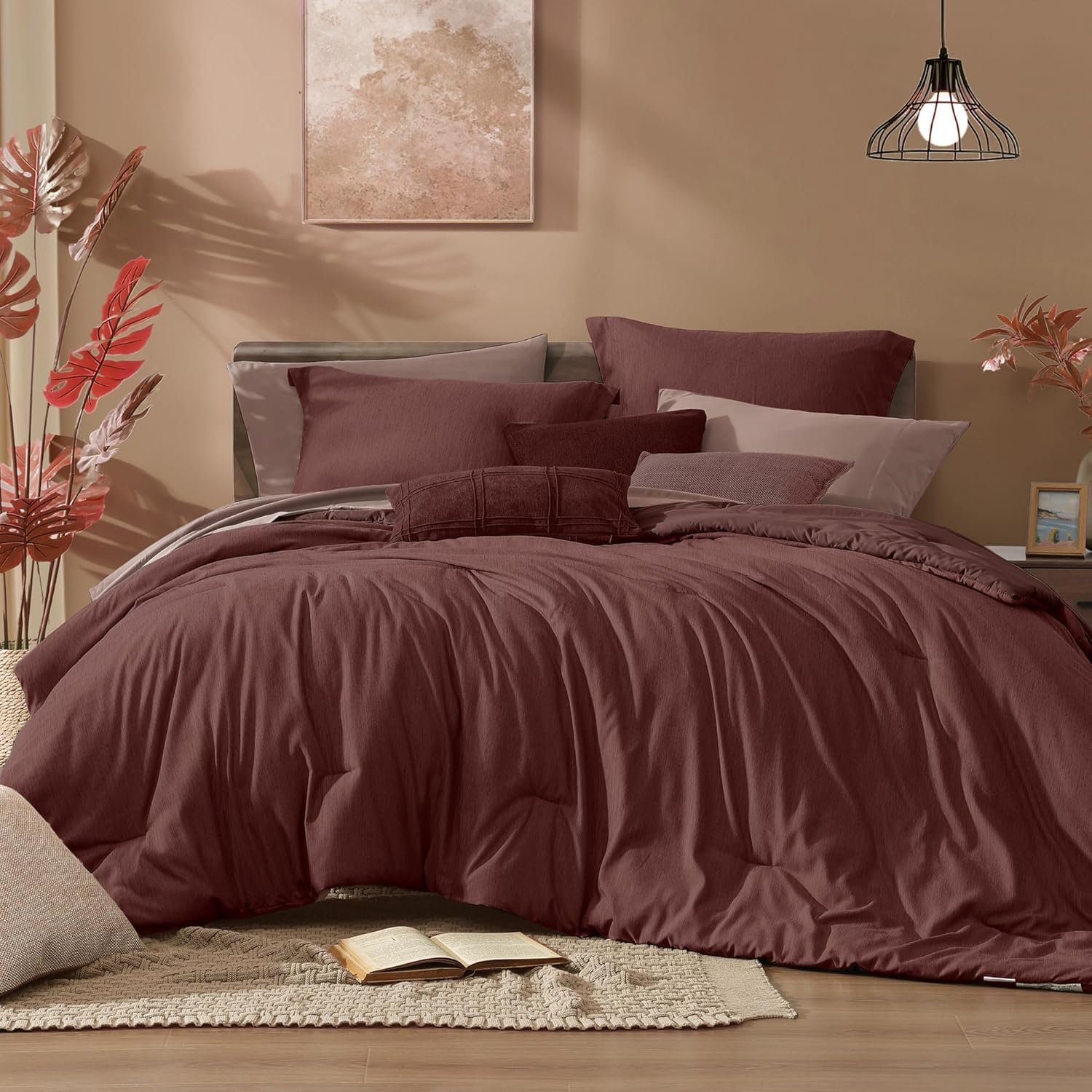 Monbix California King Comforter Set - 7 Pieces Cationic Dyeing Dark Red Bed in a Bag Cal King Bedding Sets with Comforter, Sheets, Pillowcases & Shams, Reversible Bedding Comforters Sets - Product Image