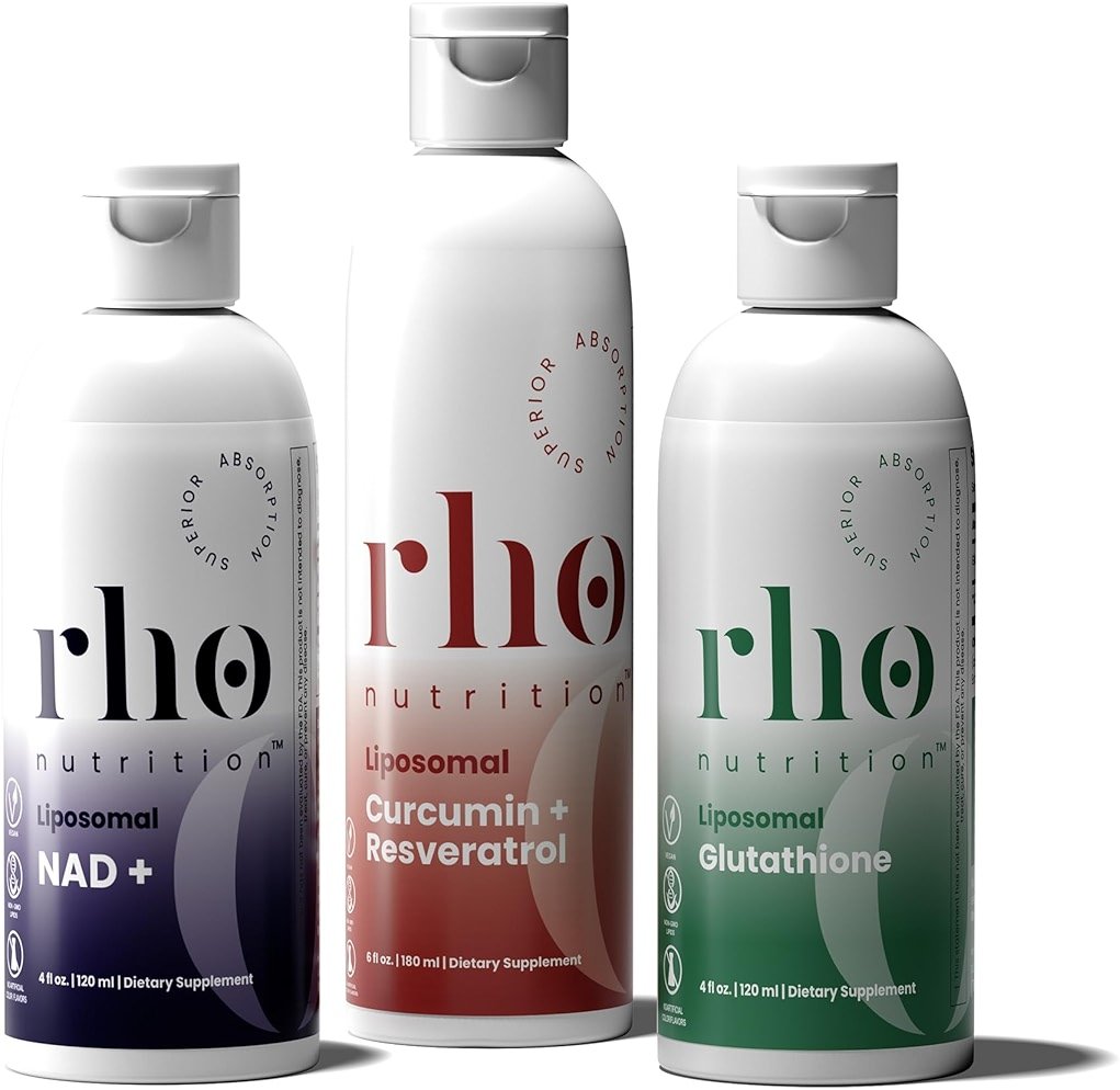 Rho Nutrition - Cellular Health Essentials Bundle – Liquid Liposomal Supplements for Healthy Aging & Cellular Support - NAD+, Curcumin + Resveratrol, & Glutathione (3 Pack) - Product Image