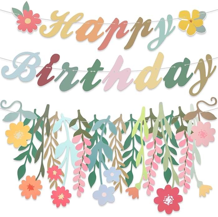 Trandraft 3 Pcs Flower Birthday Party Decorations Wildflower Garland Floral Happy Birthday Banner Spring Decor Boho Hanging Decorations for Women - Product Image