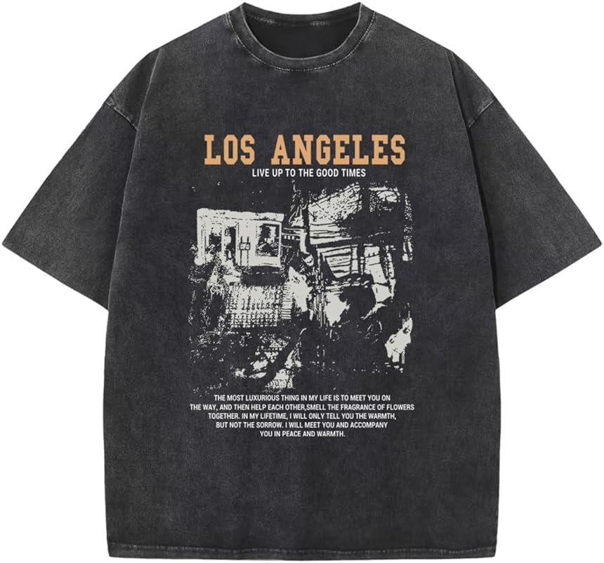 Pairxily Oversized Graphic Tshirts for Men Acid Wash Los Angeles Vintage Tees Streetwear Baggy Cotton Shirts Casual Tops - Product Image