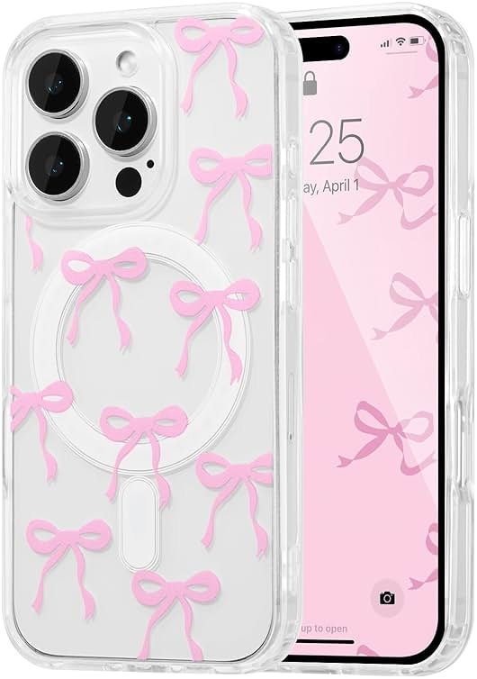 UEEBAI Magnetic for iPhone 16 Pro Max Case, Bow Case Compatible with MagSafe, Wireless Slim Clear Ribbon Aesthetic Phone Cover Anti-Yellowing Shockproof Protective Cover for Women Girl - Pink - Product Image