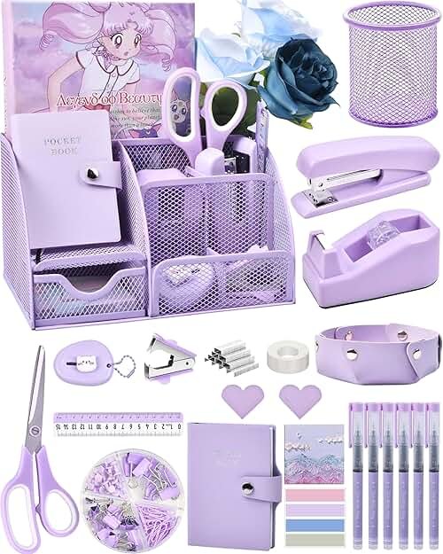 Purple Desk Accessories, 26Pcs Office Supplies and Desk Organizers, with Tape Dispenser, Stapler, Staple Remover Ect, Gift Box Packaging - Product Image