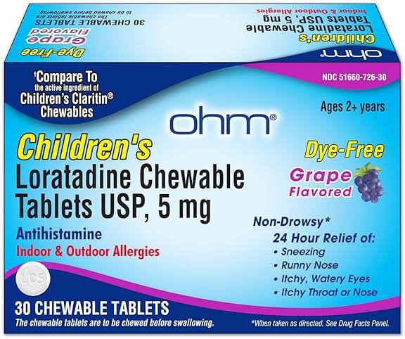 Ohm Children's Allergy Medicine, Loratadine 5mg, Chewable Tablets (30 Count) Grape Flavor, Non-Drowsy Antihistamine, 24-Hour Allergy Relief for Runny Nose, Watery Eyes, Itchy Throat & Nose - Product Image